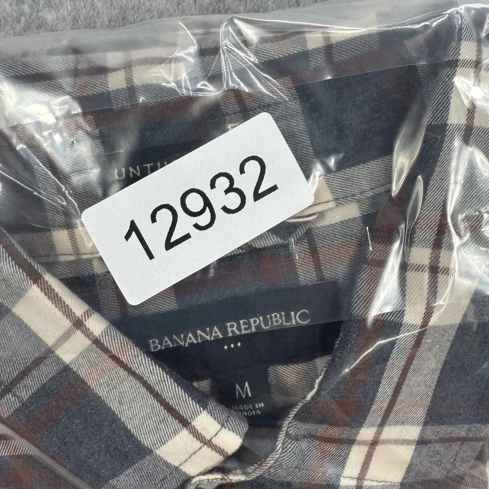 Banana Republic Twill Shirt Mens Medium Gray Plaid Untucked Fit Office‎ NEW $60